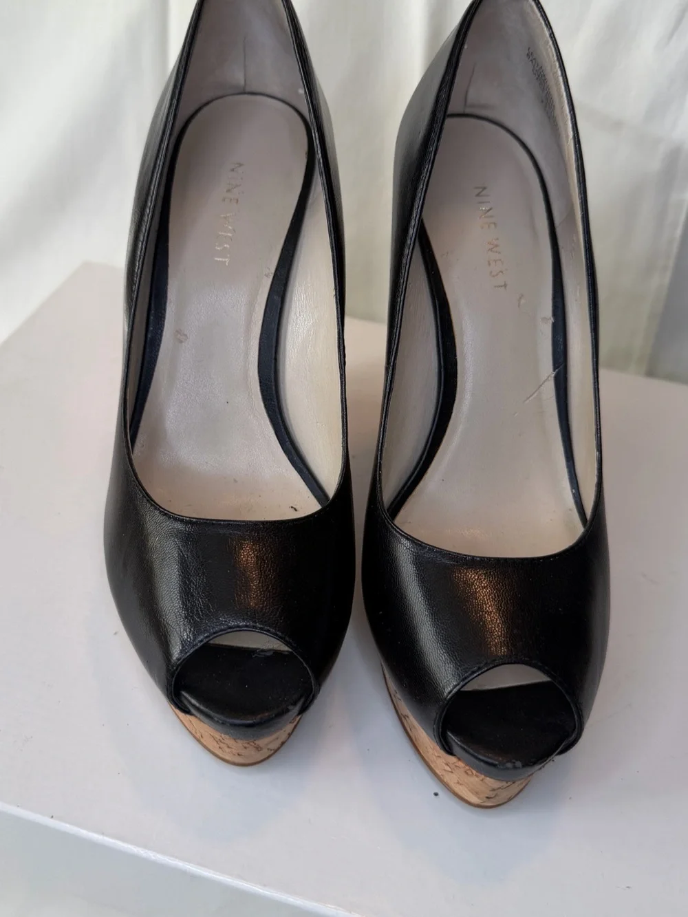 Nine West Black Peep-Toe Platform Wedges with Cork Trim